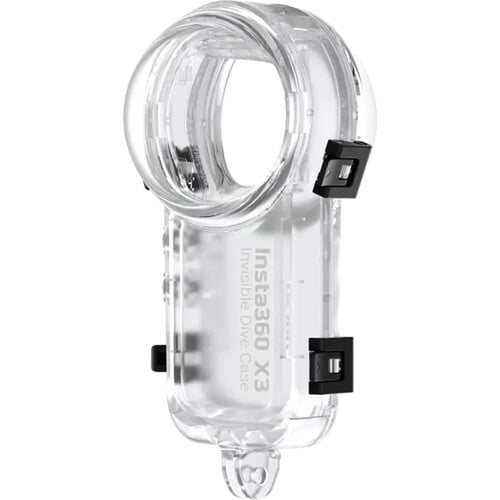 Insta360 X3 Invisible Dive Case waterproof to 50m (IPX8), with seamless 360° video capture, water refraction compensation, 2-prong mount, button access, and included anti-fog inserts.