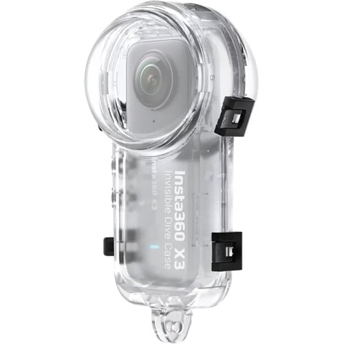 Insta360 X3 Invisible Dive Case waterproof to 50m (IPX8), with seamless 360° video capture, water refraction compensation, 2-prong mount, button access, and included anti-fog inserts.