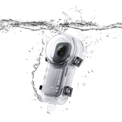Insta360 X3 Invisible Dive Case waterproof to 50m (IPX8), with seamless 360° video capture, water refraction compensation, 2-prong mount, button access, and included anti-fog inserts.