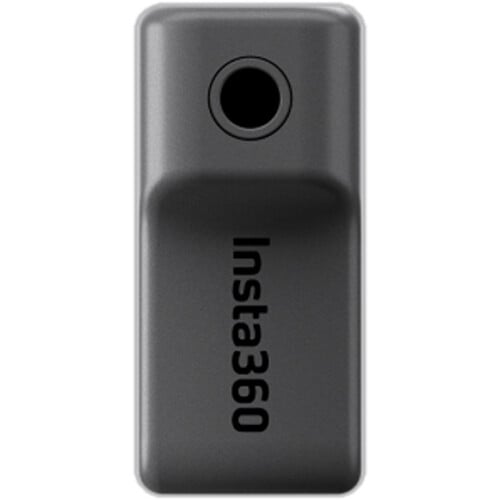 Insta360 X3 Mic Adapter with USB-C and 3.5mm ports for simultaneous charging and external microphone audio recording, featuring a slim, buckle design that remains invisible in 360° shots