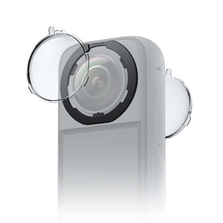 Standard removable lens guards for Insta360 X3 with multi-coated acrylic lenses, twist-off design for tool-free installation, secure locking bases, and clear 360° image protection.
