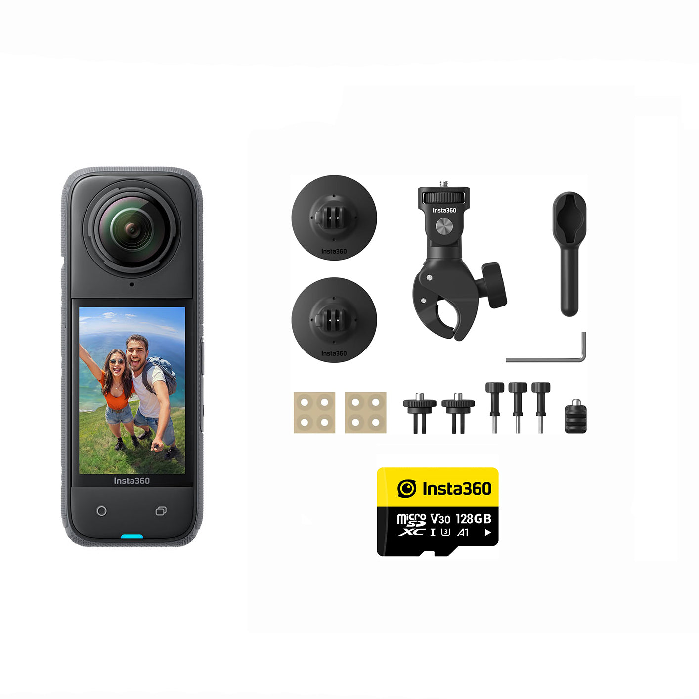Insta360 X4 360° action camera in black with touchscreen display, bundled with motorcycle mounting accessories including heavy‑duty clamp, flexible adhesive mounts, invisible selfie stick, lens guards, thumb screws, and a 128 GB microSD card.