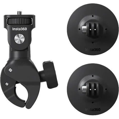 Insta360 X4 360° action camera in black with touchscreen display, bundled with motorcycle mounting accessories including heavy‑duty clamp, flexible adhesive mounts, invisible selfie stick, lens guards, thumb screws, and a 128 GB microSD card.