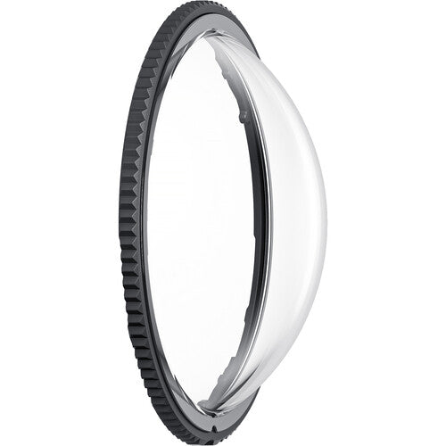 Clear camera lens cap with black rubberized rim on a white background