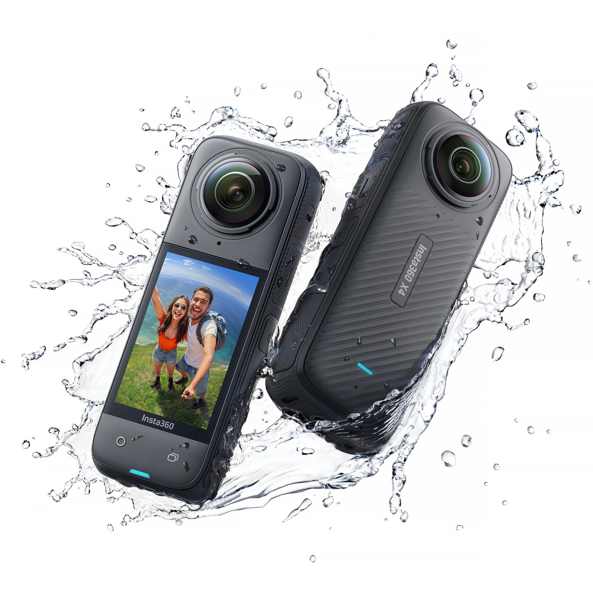 360-degree camera with water splashes on a white background