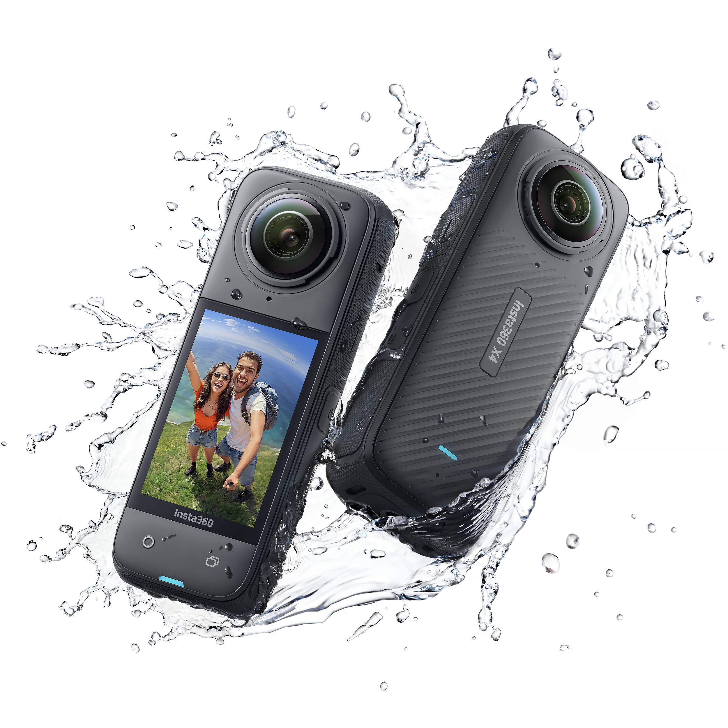 360-degree camera with water splashes on a white background