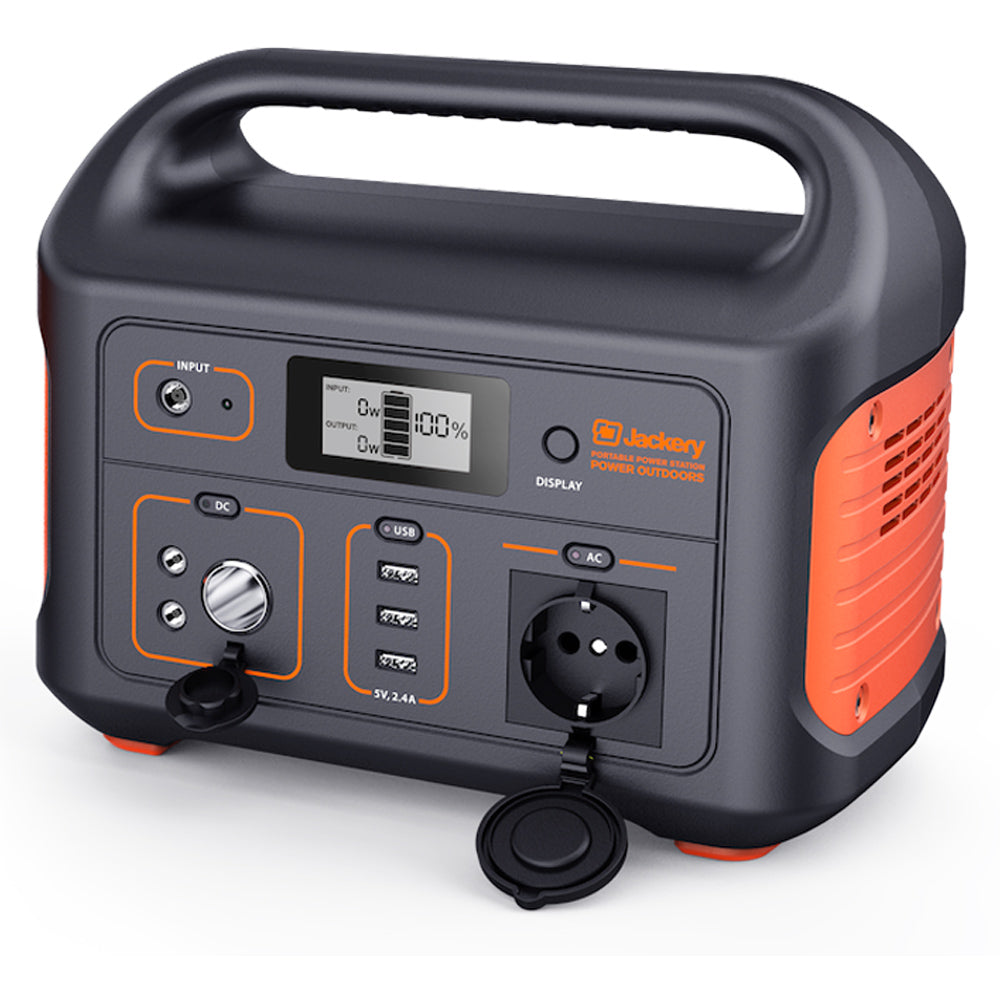 Portable Jackery Explorer 500 power station with 518Wh lithium-ion battery, 500W continuous and 1000W surge AC output, three USB ports, 12V car output, built-in LED flashlight, and LCD battery status display.