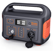 Portable Jackery Explorer 500 power station with 518Wh lithium-ion battery, 500W continuous and 1000W surge AC output, three USB ports, 12V car output, built-in LED flashlight, and LCD battery status display.