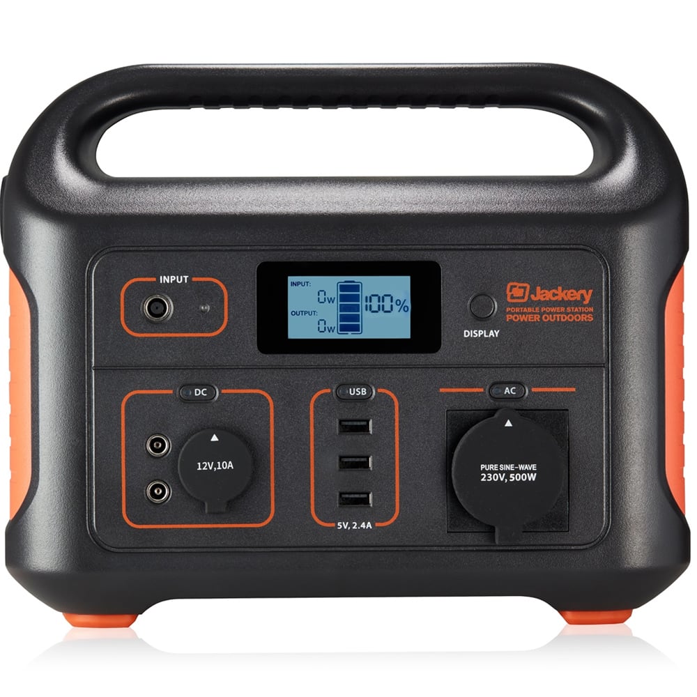 Portable Jackery Explorer 500 power station with 518Wh lithium-ion battery, 500W continuous and 1000W surge AC output, three USB ports, 12V car output, built-in LED flashlight, and LCD battery status display.