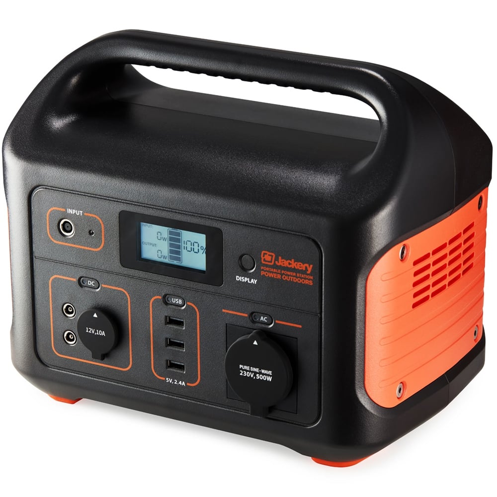 Portable Jackery Explorer 500 power station with 518Wh lithium-ion battery, 500W continuous and 1000W surge AC output, three USB ports, 12V car output, built-in LED flashlight, and LCD battery status display.