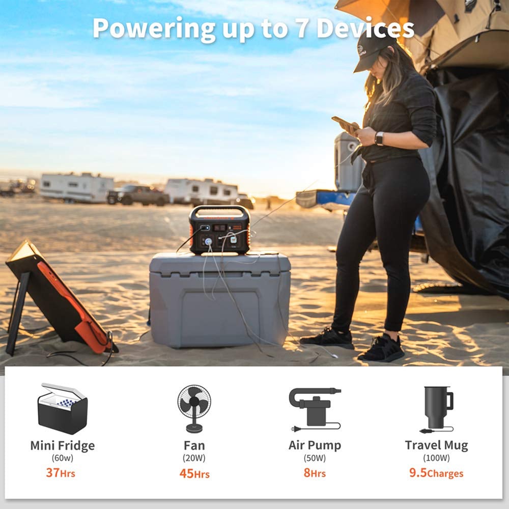 Portable Jackery Explorer 500 power station with 518Wh lithium-ion battery, 500W continuous and 1000W surge AC output, three USB ports, 12V car output, built-in LED flashlight, and LCD battery status display.