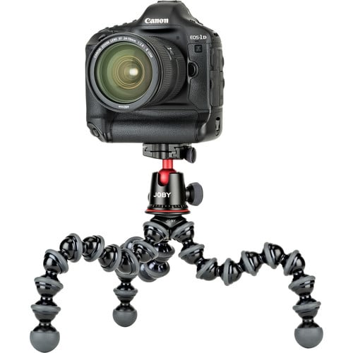 Canon camera on a Joby gorilla pod with a white background