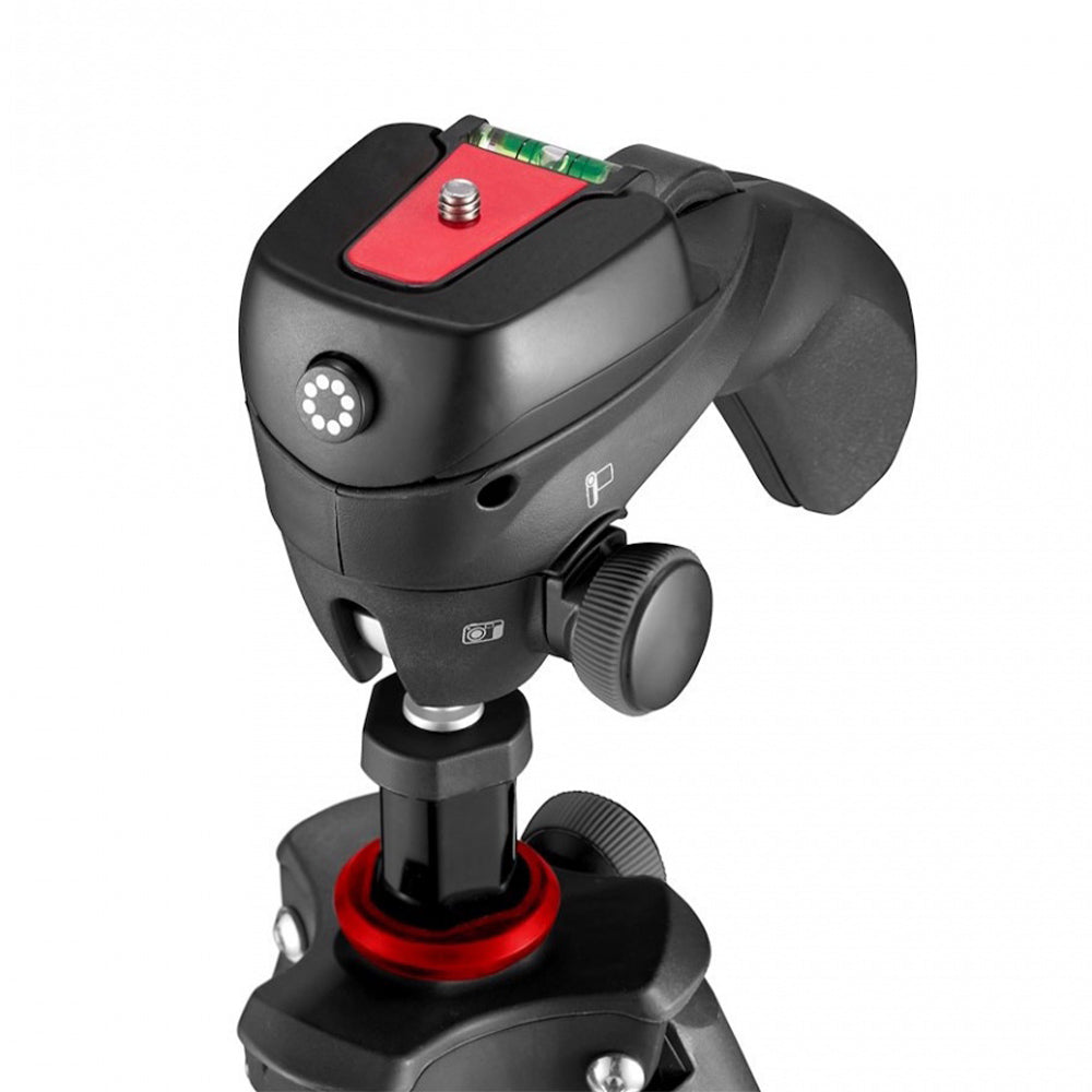 Camera tripod head with red accents on a white background