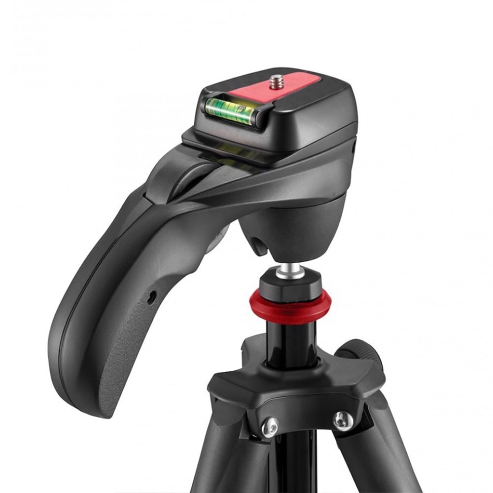 Camera tripod with a level indicator on a white background