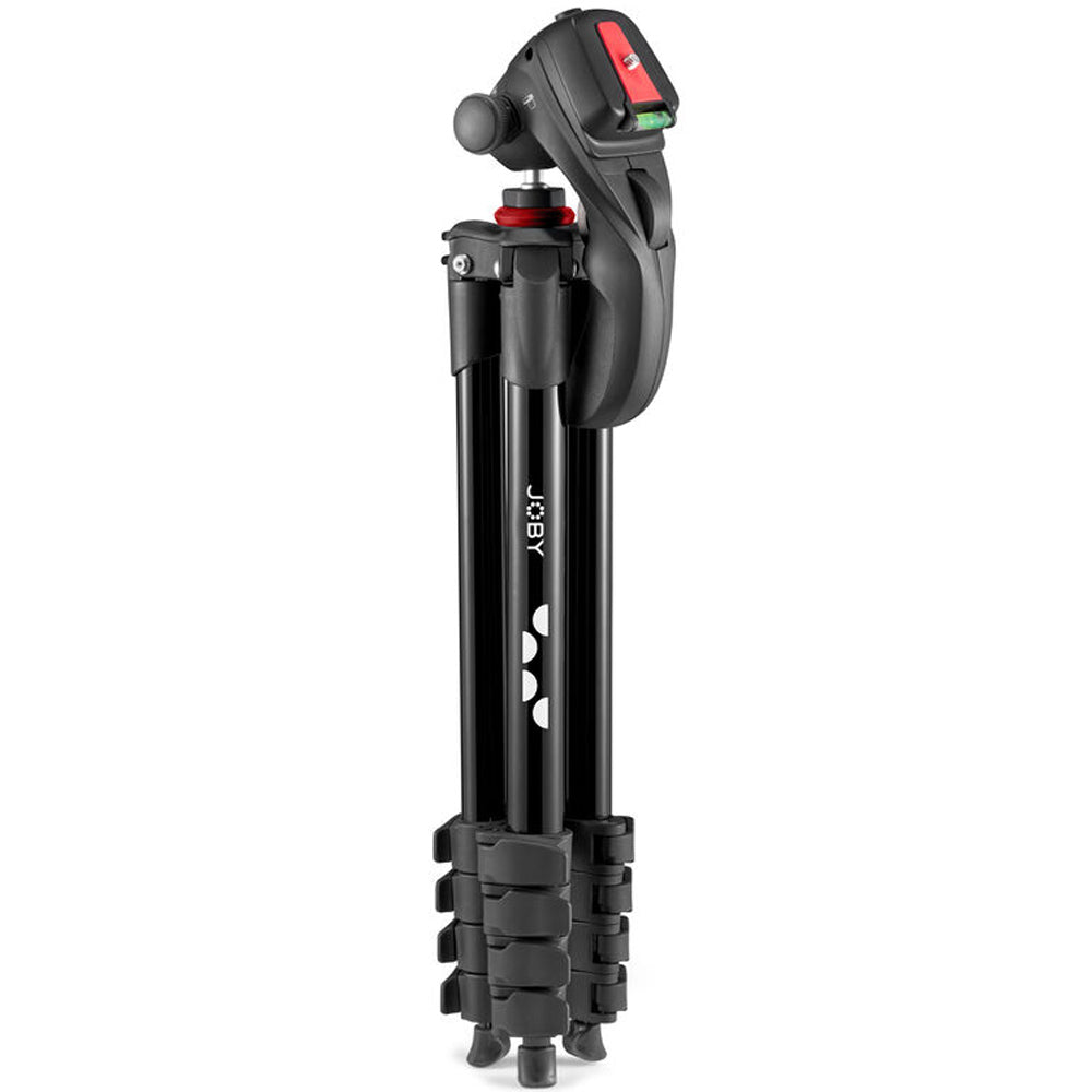 Black tripod with a head on a white background