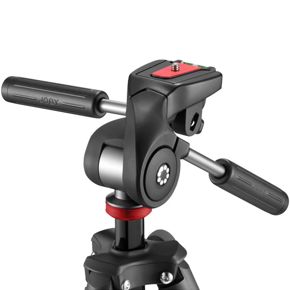Camera tripod head with adjustable controls on a white background