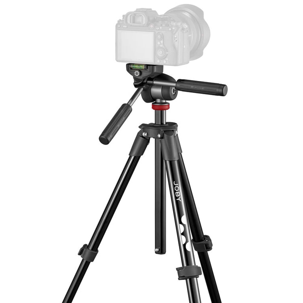 Camera on a tripod with a white background