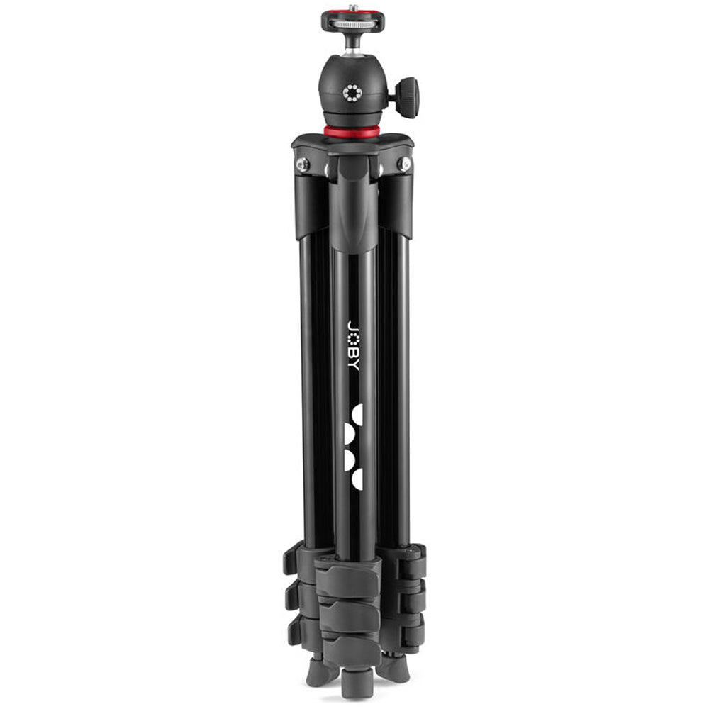Black tripod with ball head on a white background