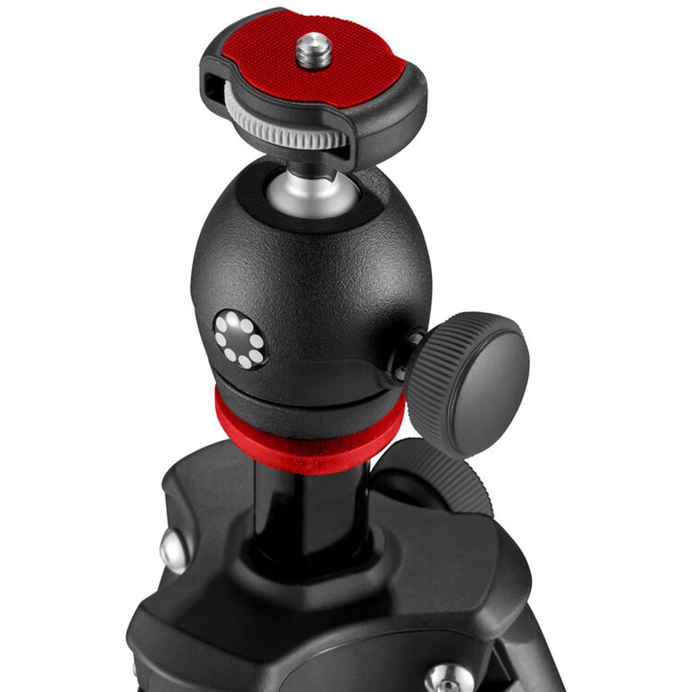 Camera tripod ball head with red accents on a white background