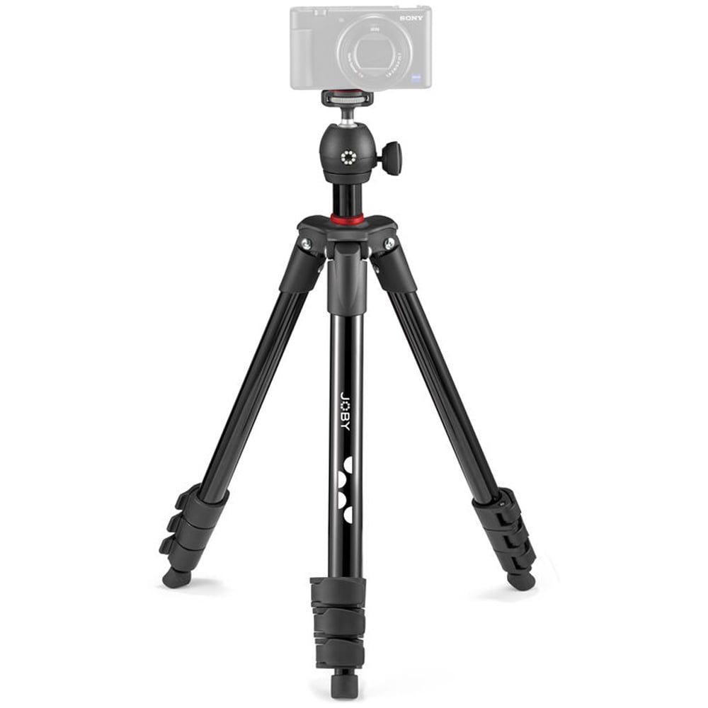 Black tripod with camera on a white background