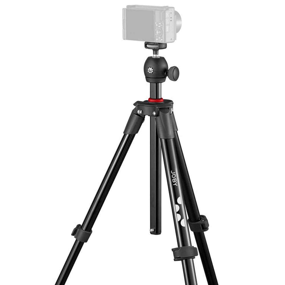 Black tripod with camera on a white background