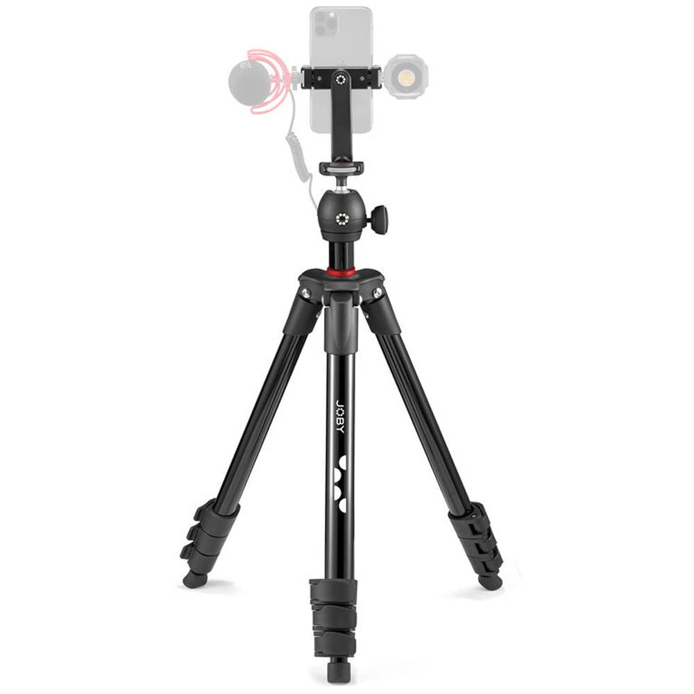 Black tripod with smartphone holder on a white background