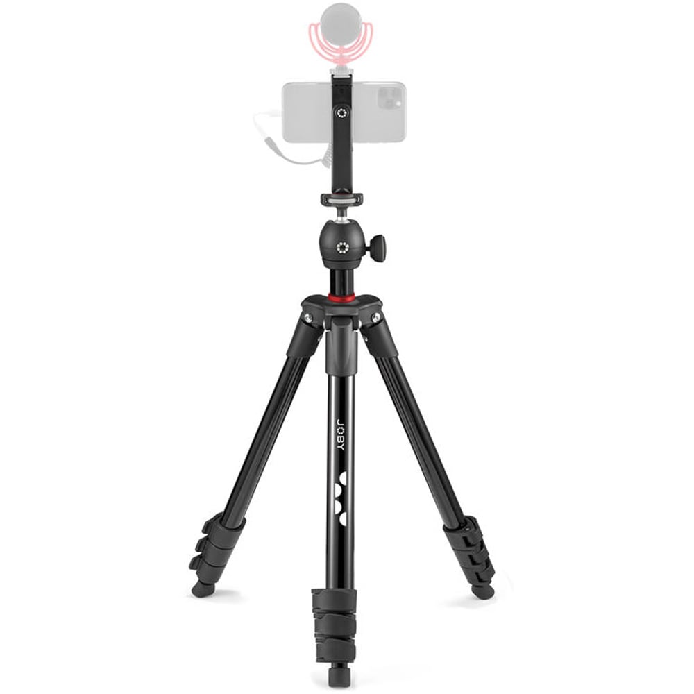 Black tripod with smartphone holder on a white background