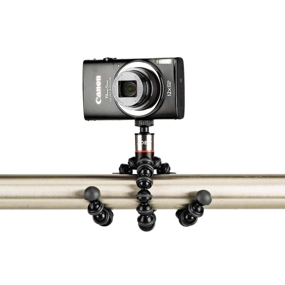 Small camera mounted on a flexible tripod with a white background