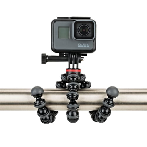 GoPro camera mounted on a flexible tripod arm with a white background