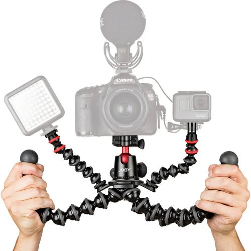 Joby GorillaPod Rig — flexible-legged tripod rig with two articulated accessory arms, cold‑shoe and GoPro mounts.