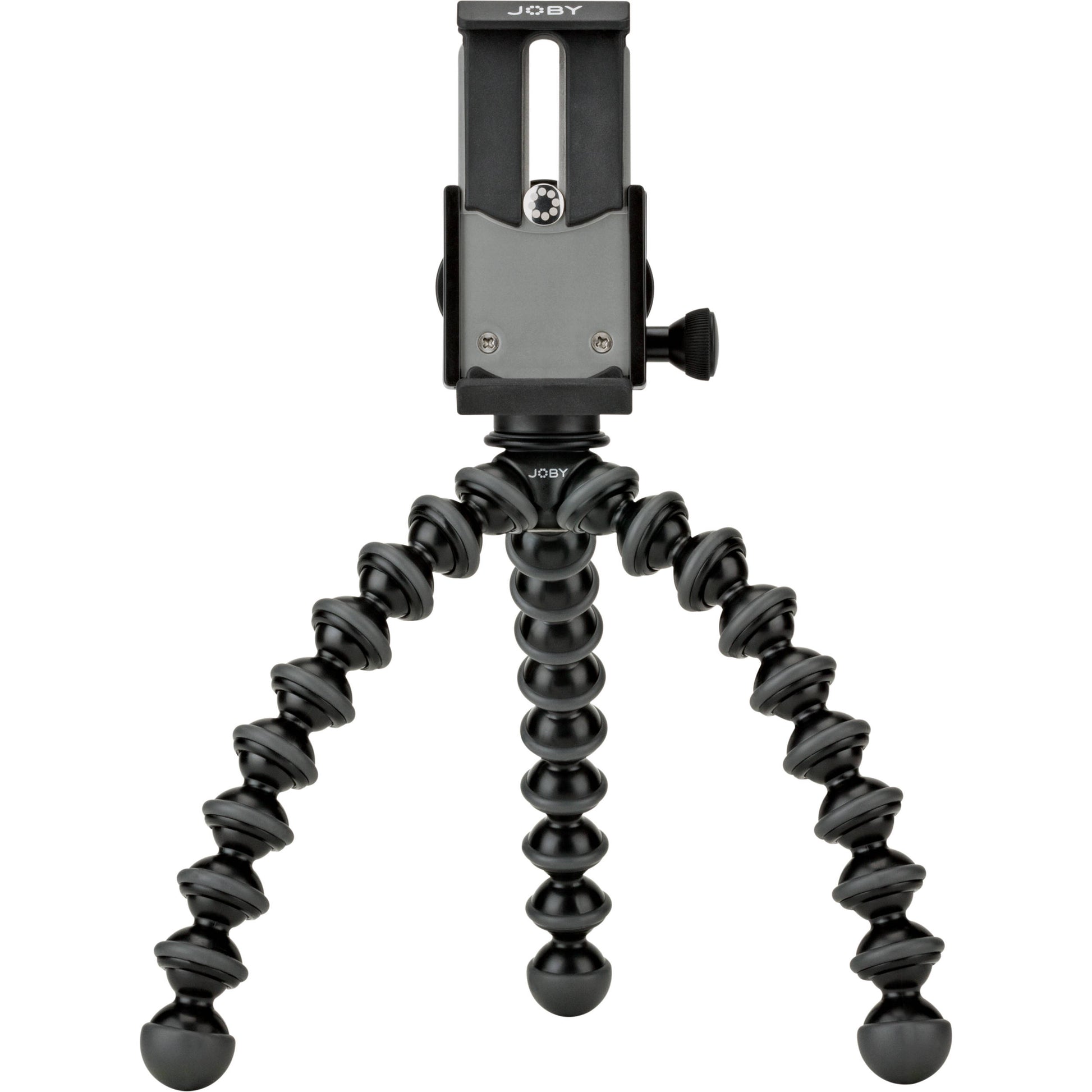 Joby GripTight GorillaPod Stand Pro with premium ABS, TPE, and stainless steel build, securely fits smartphones 5.59 to 9.09 cm wide with or without cases, offers 90° rotation and 150° tilt, and includes flexible tripod legs for stable positioning.