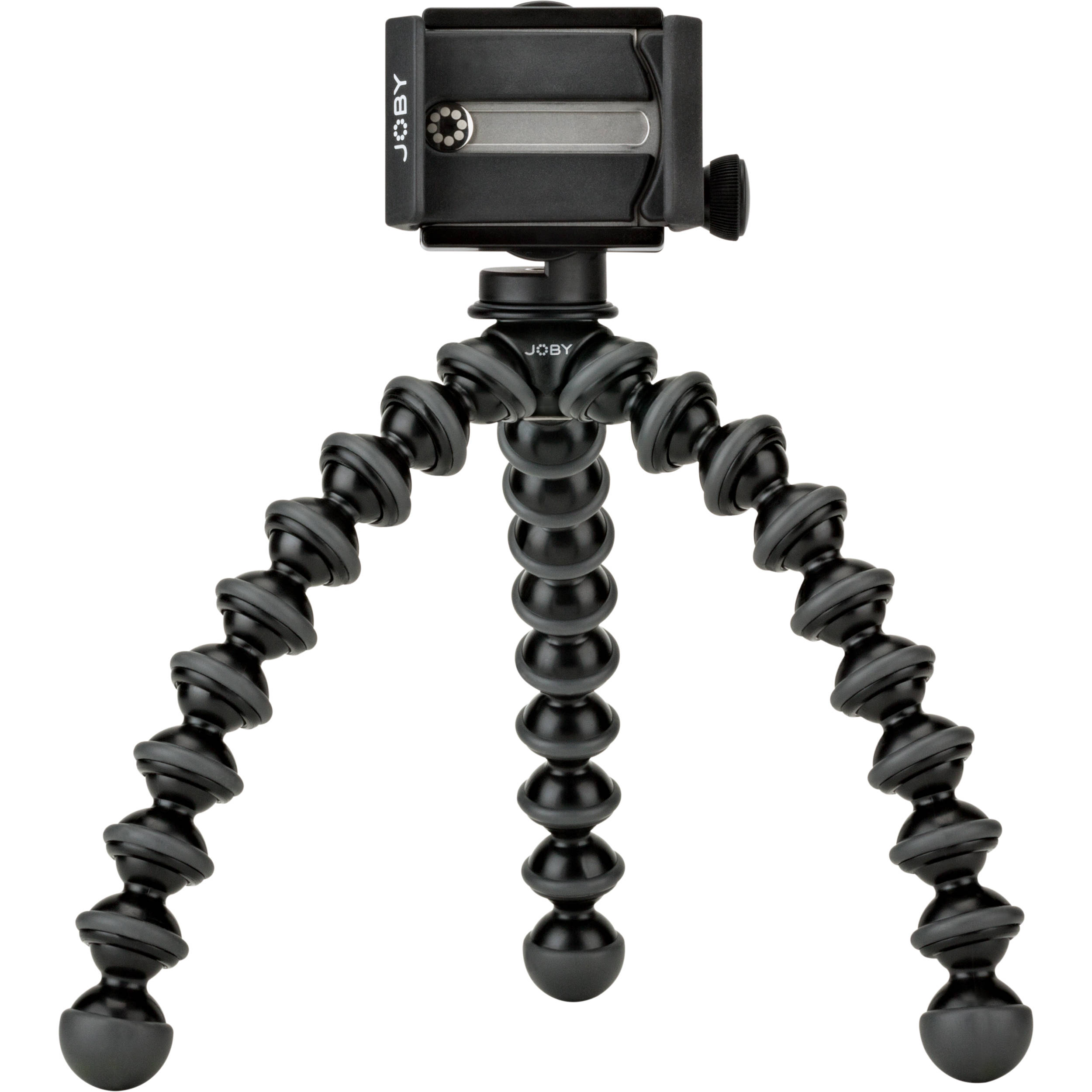 Joby GripTight GorillaPod Stand Pro with premium ABS, TPE, and stainless steel build, securely fits smartphones 5.59 to 9.09 cm wide with or without cases, offers 90° rotation and 150° tilt, and includes flexible tripod legs for stable positioning.