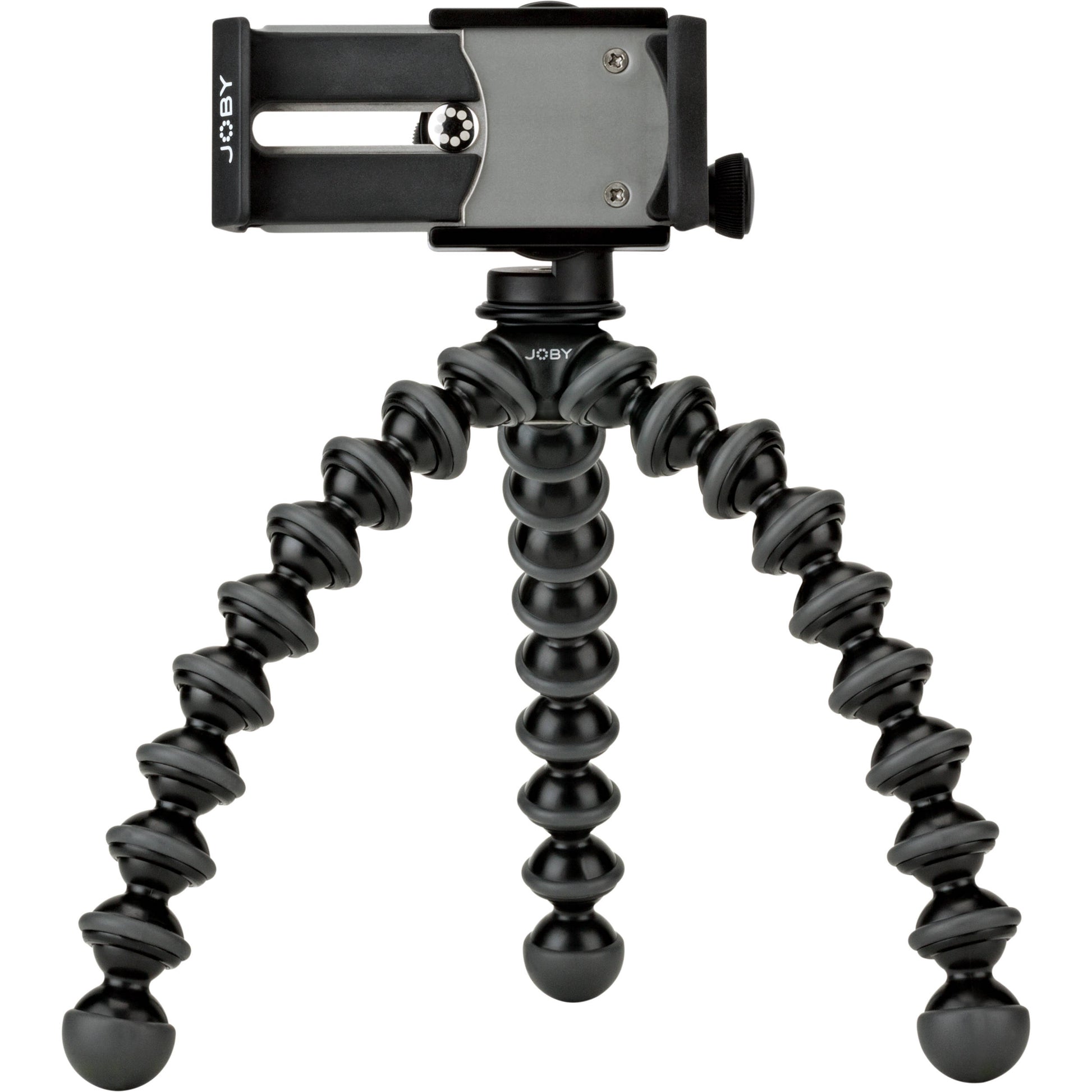 Joby GripTight GorillaPod Stand Pro with premium ABS, TPE, and stainless steel build, securely fits smartphones 5.59 to 9.09 cm wide with or without cases, offers 90° rotation and 150° tilt, and includes flexible tripod legs for stable positioning.
