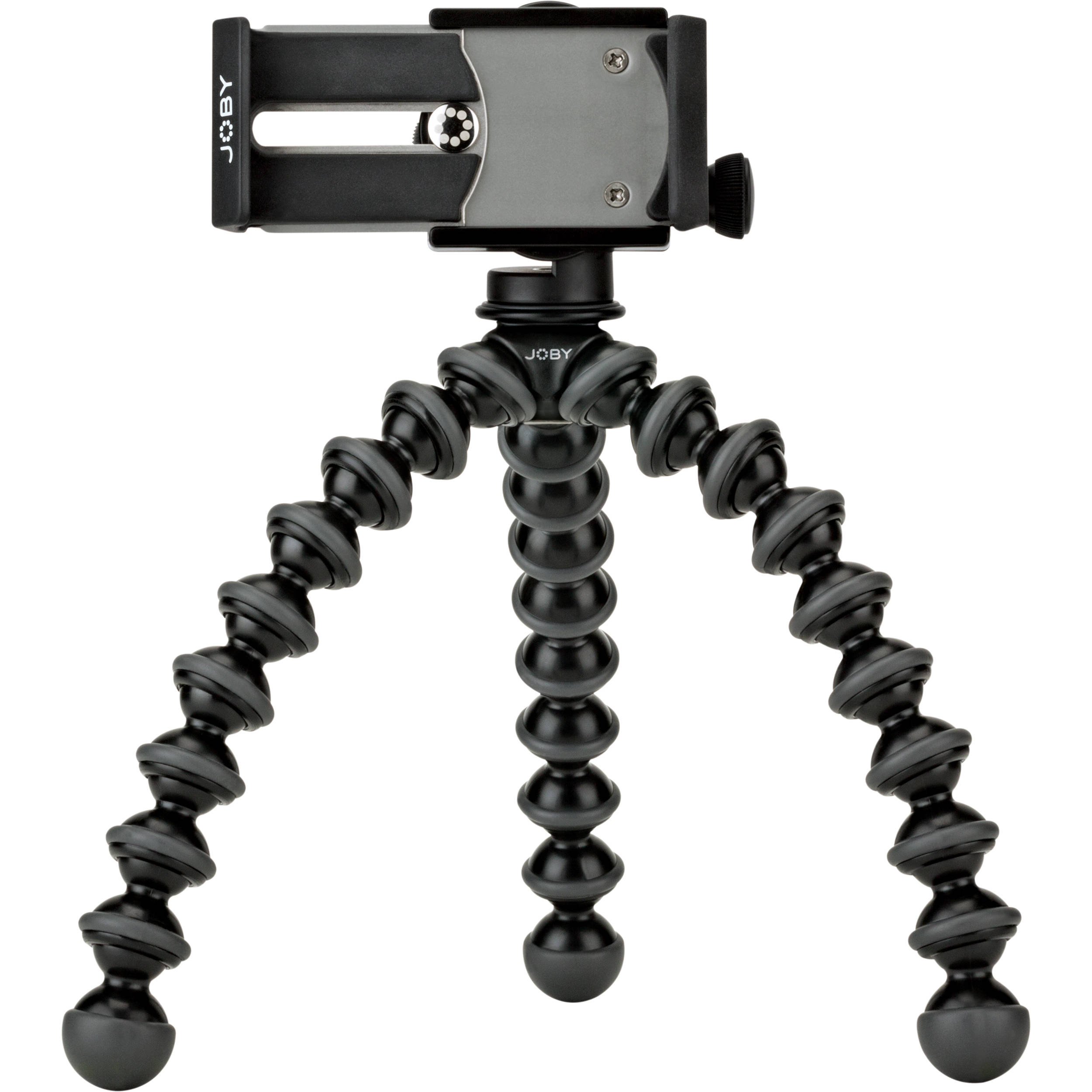 Joby GripTight GorillaPod Stand Pro with premium ABS, TPE, and stainless steel build, securely fits smartphones 5.59 to 9.09 cm wide with or without cases, offers 90° rotation and 150° tilt, and includes flexible tripod legs for stable positioning.