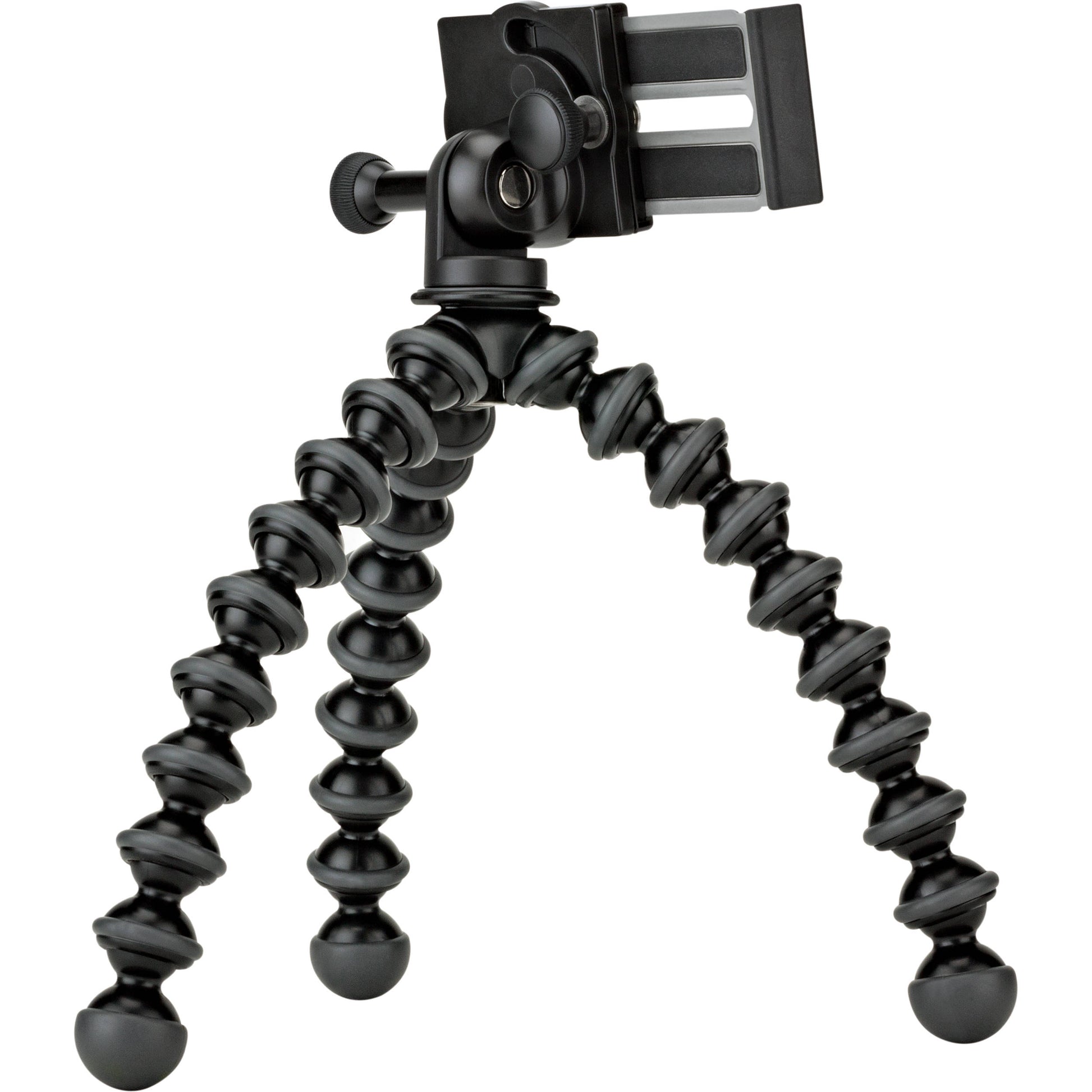 Joby GripTight GorillaPod Stand Pro with premium ABS, TPE, and stainless steel build, securely fits smartphones 5.59 to 9.09 cm wide with or without cases, offers 90° rotation and 150° tilt, and includes flexible tripod legs for stable positioning.