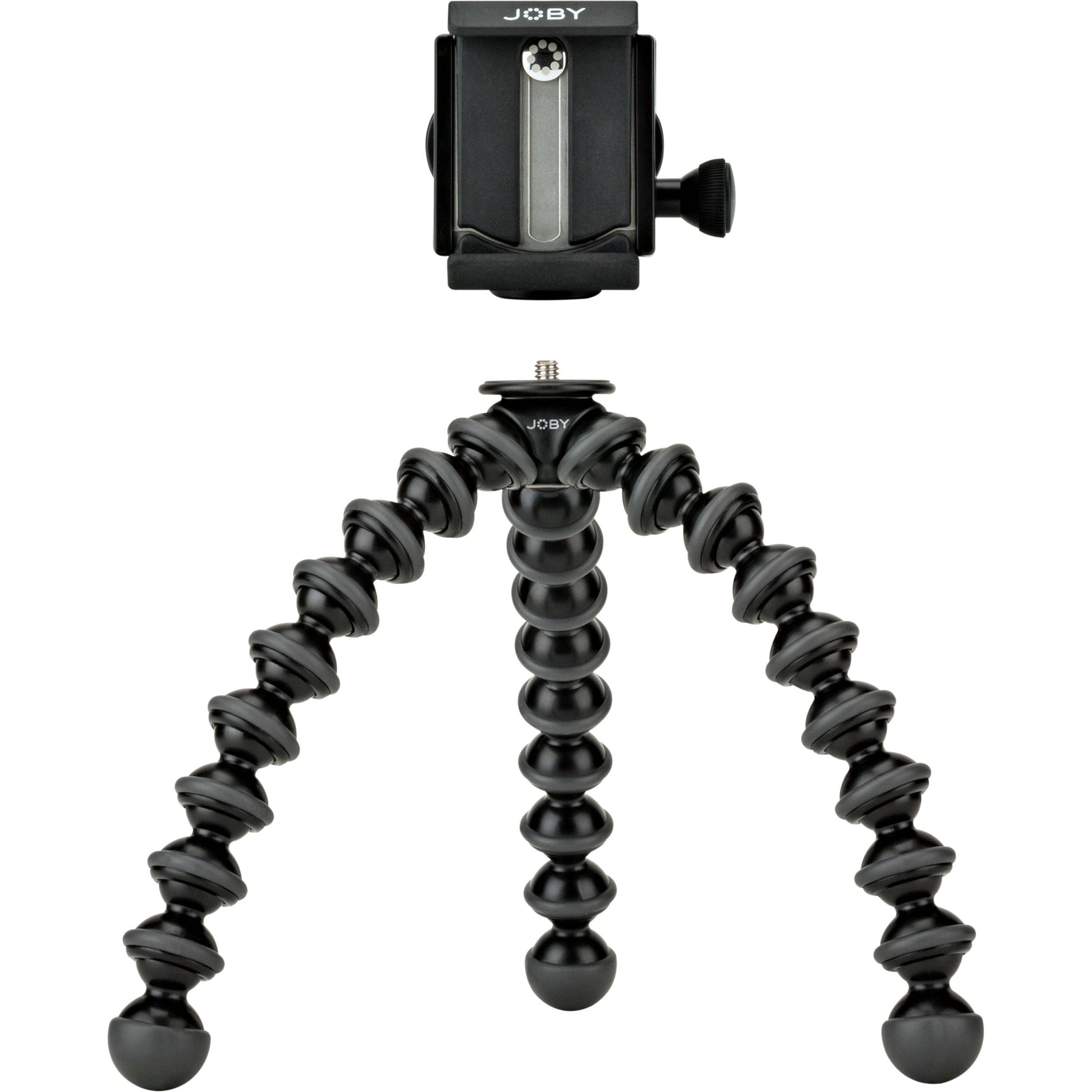Joby GripTight GorillaPod Stand Pro with premium ABS, TPE, and stainless steel build, securely fits smartphones 5.59 to 9.09 cm wide with or without cases, offers 90° rotation and 150° tilt, and includes flexible tripod legs for stable positioning.