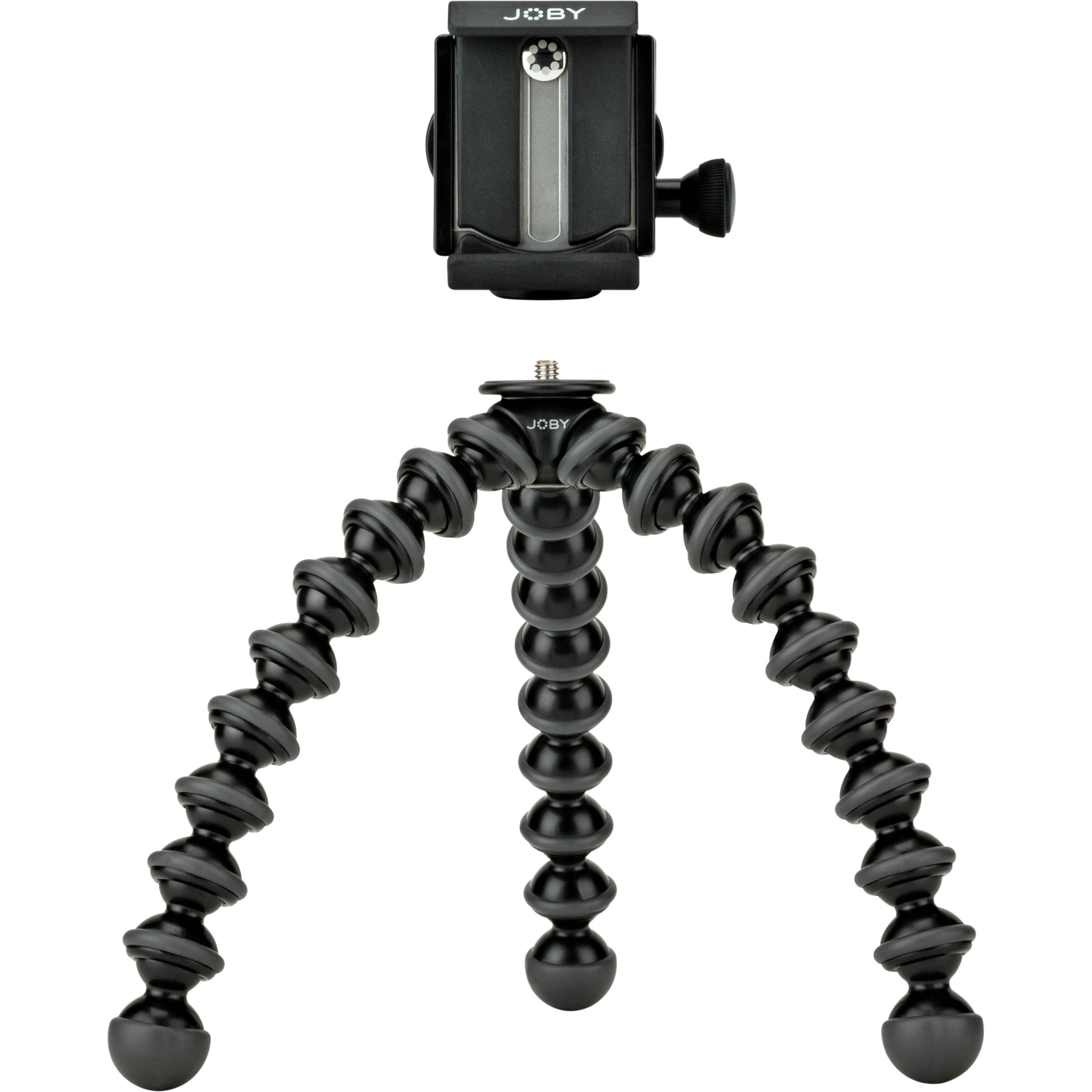 Joby GripTight GorillaPod Stand Pro with premium ABS, TPE, and stainless steel build, securely fits smartphones 5.59 to 9.09 cm wide with or without cases, offers 90° rotation and 150° tilt, and includes flexible tripod legs for stable positioning.