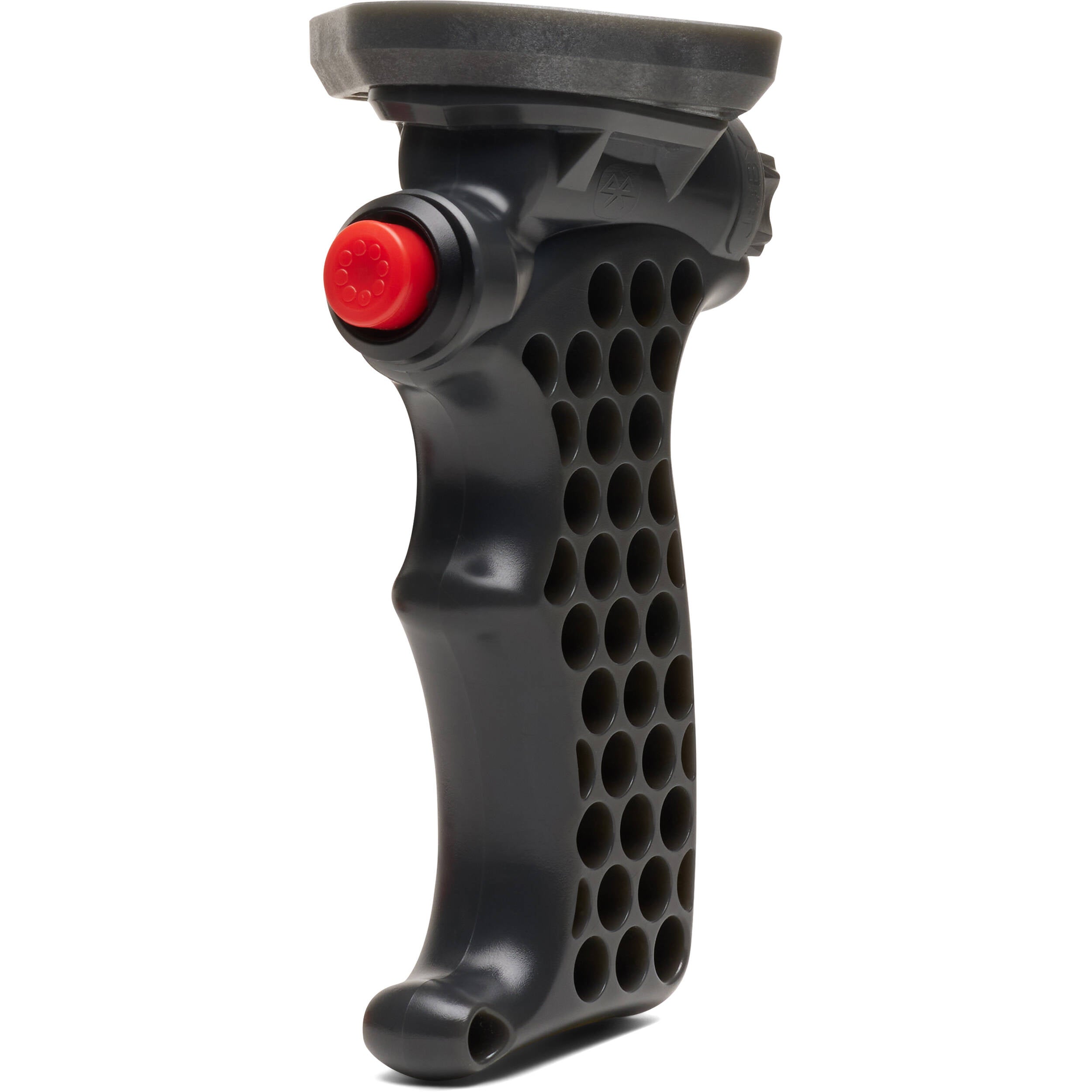 Black grip with red button on a white background