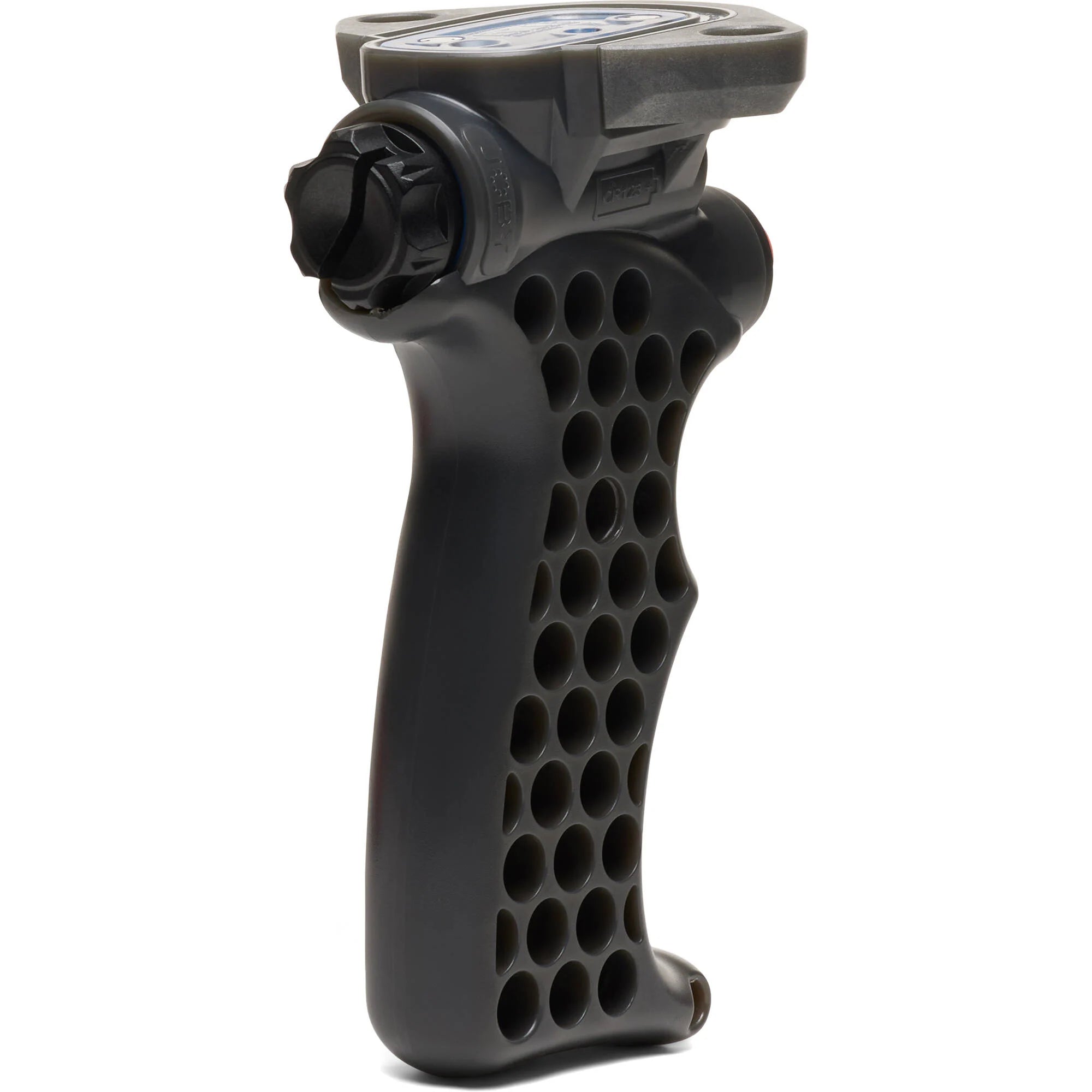 Black shutter grip with honeycomb pattern on a white background