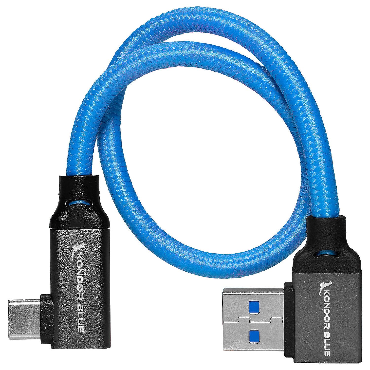 Kondor Blue right-angle USB-C 3.1 Gen 2 cable in blue.