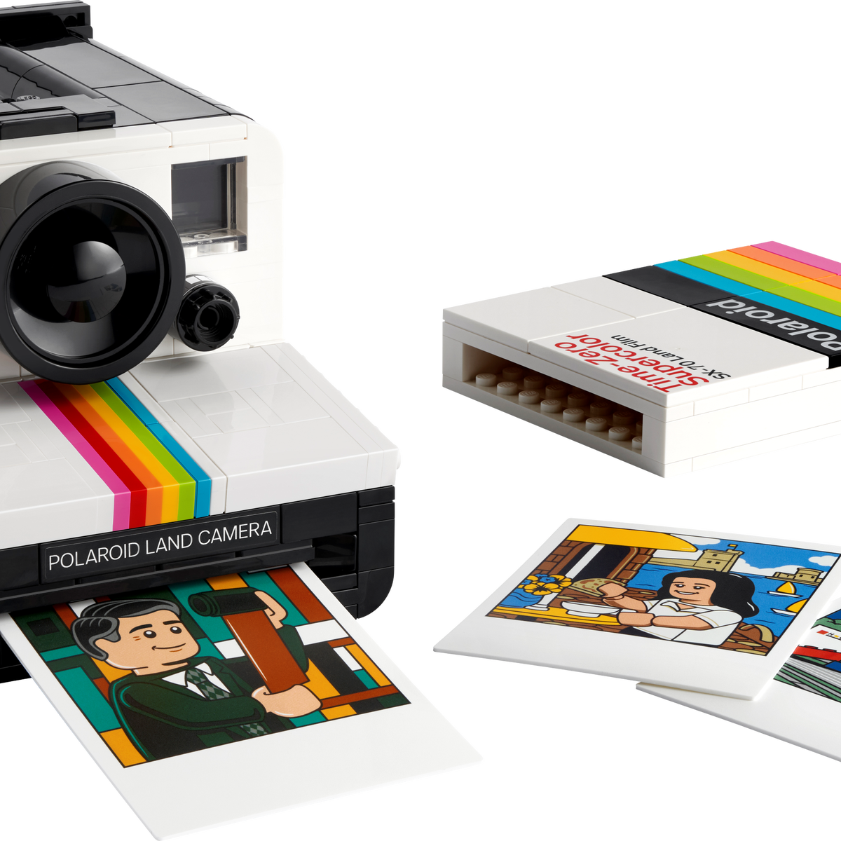 LEGO Ideas Polaroid OneStep SX-70 Camera set with 516 pieces, features a realistic build with working viewfinder, iconic Color Spectrum, turnable exposure dial, shutter button, and brick-built film pack that ejects photos