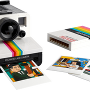 LEGO Ideas Polaroid OneStep SX-70 Camera set with 516 pieces, features a realistic build with working viewfinder, iconic Color Spectrum, turnable exposure dial, shutter button, and brick-built film pack that ejects photos