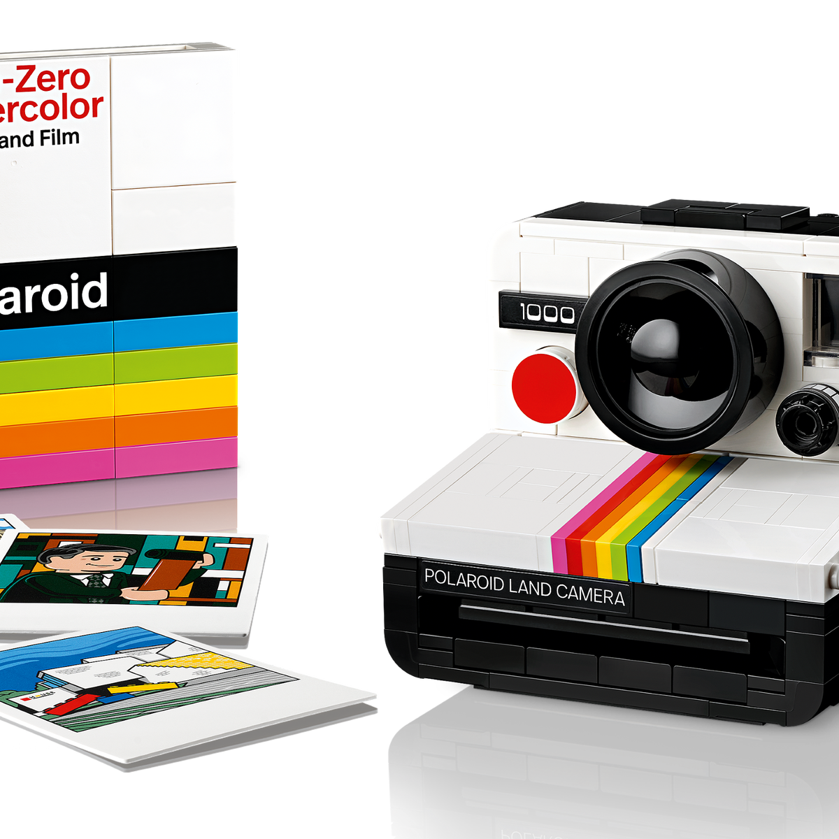 LEGO Ideas Polaroid OneStep SX-70 Camera set with 516 pieces, features a realistic build with working viewfinder, iconic Color Spectrum, turnable exposure dial, shutter button, and brick-built film pack that ejects photos