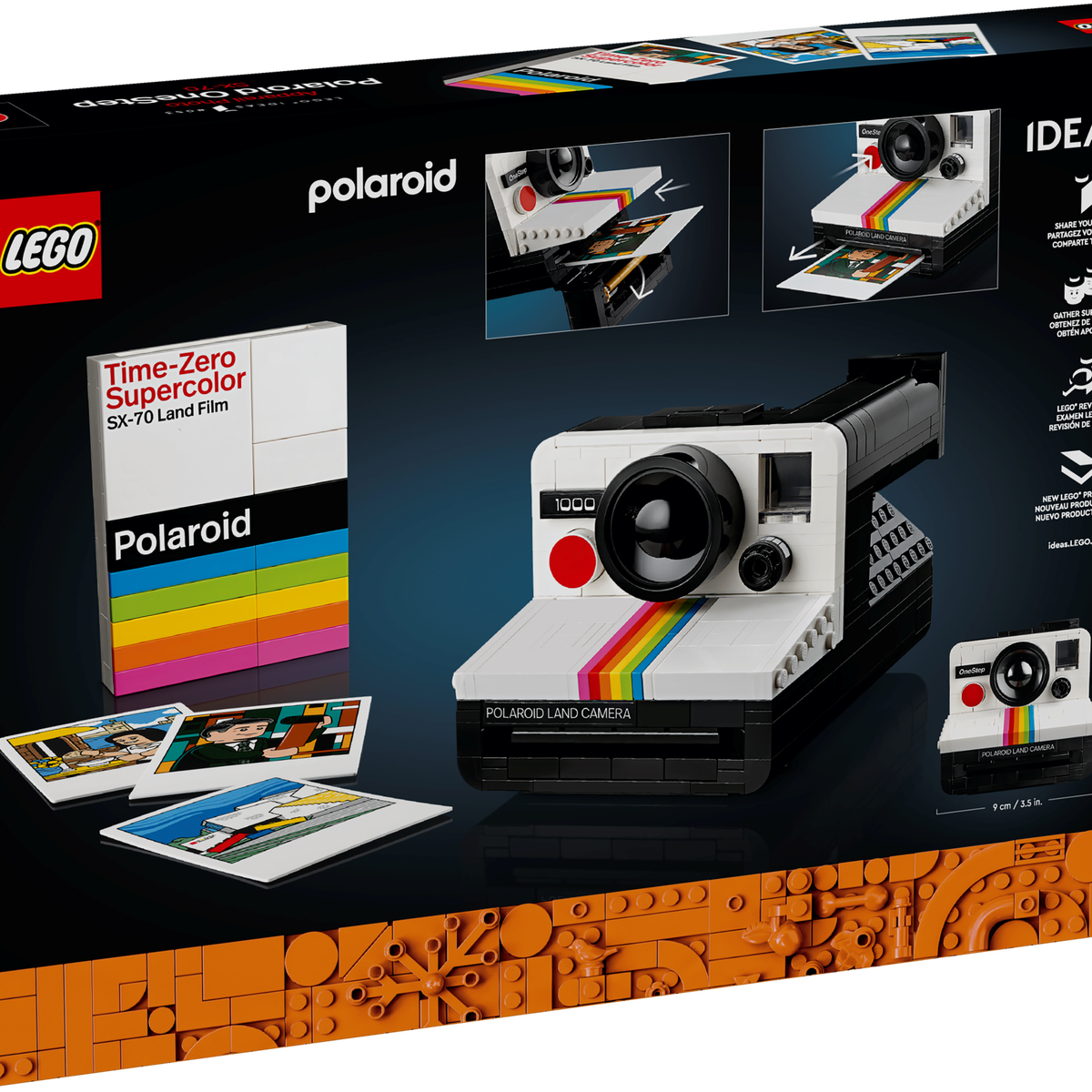 LEGO Ideas Polaroid OneStep SX-70 Camera set with 516 pieces, features a realistic build with working viewfinder, iconic Color Spectrum, turnable exposure dial, shutter button, and brick-built film pack that ejects photos