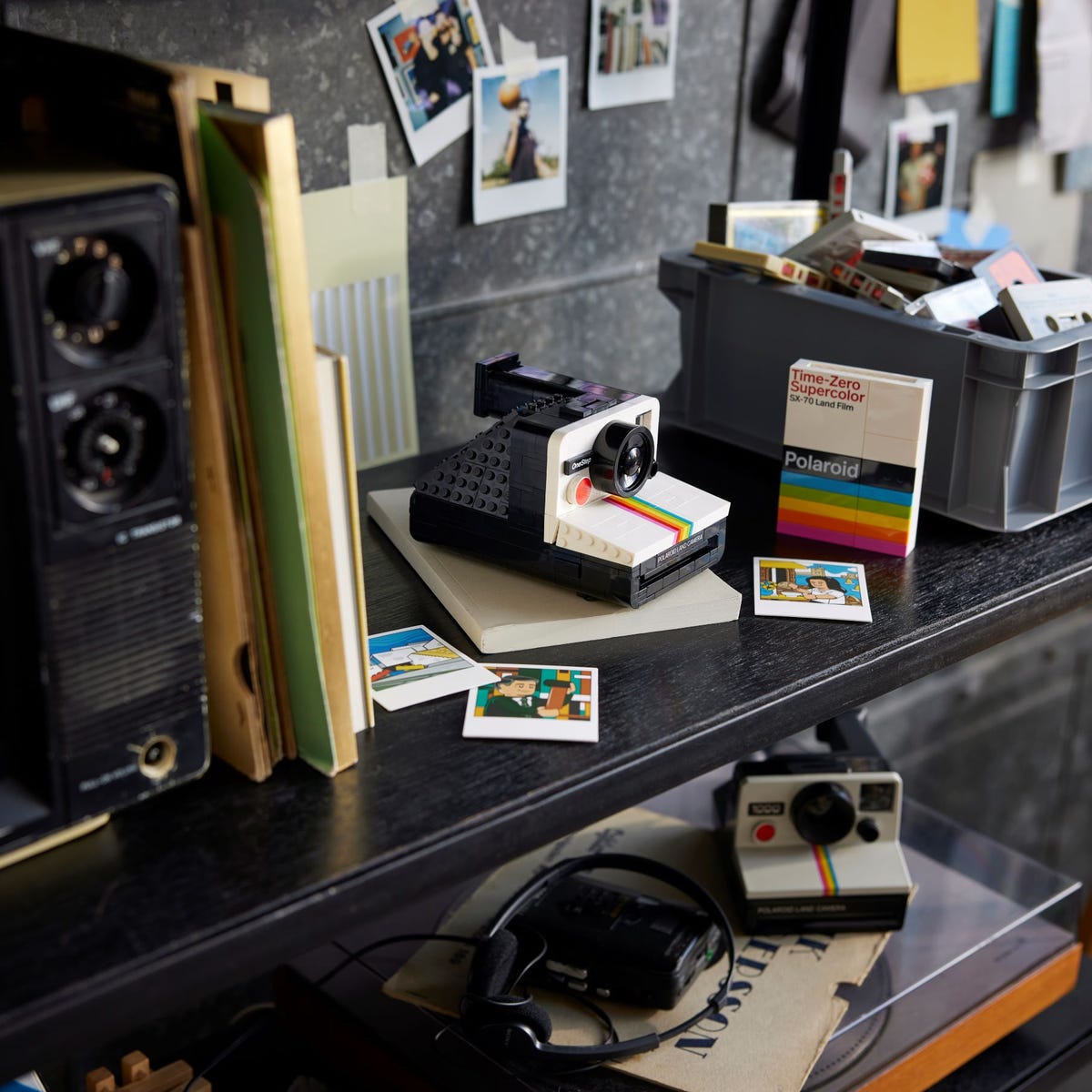 LEGO Ideas Polaroid OneStep SX-70 Camera set with 516 pieces, features a realistic build with working viewfinder, iconic Color Spectrum, turnable exposure dial, shutter button, and brick-built film pack that ejects photos