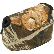 Durable neoprene LensCoat BodyBag with Realtree Max4 camouflage, shock-absorbing protection for point & shoot cameras, snap hook attachment, velcro flap closure, and heavy edge stitching for travel and storage.