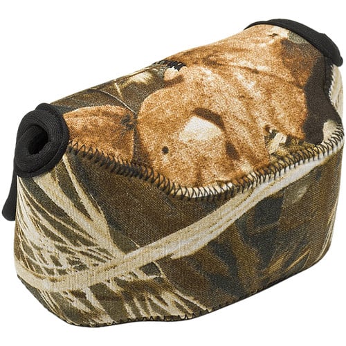 Durable neoprene LensCoat BodyBag with Realtree Max4 camouflage, shock-absorbing protection for point & shoot cameras, snap hook attachment, velcro flap closure, and heavy edge stitching for travel and storage.