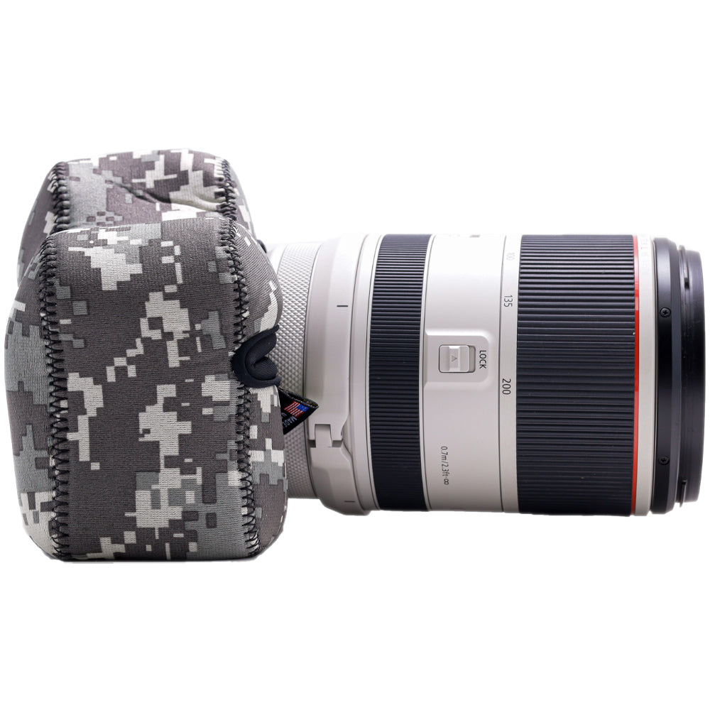 Camera lens with a digital camouflage case on a white background
