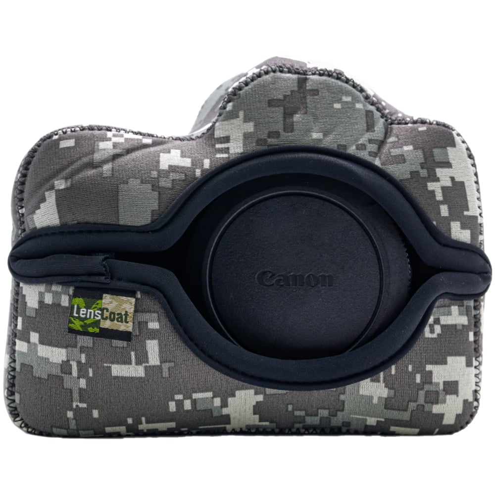 Camouflage camera case with Canon lens cover on a white background