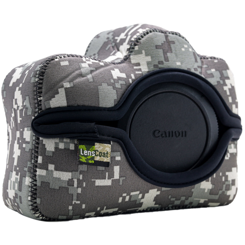 Camouflage camera case with Canon logo on a white background